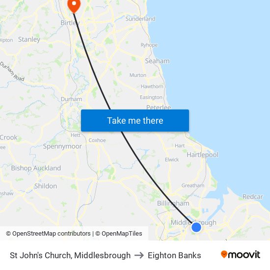 St John's Church, Middlesbrough to Eighton Banks map