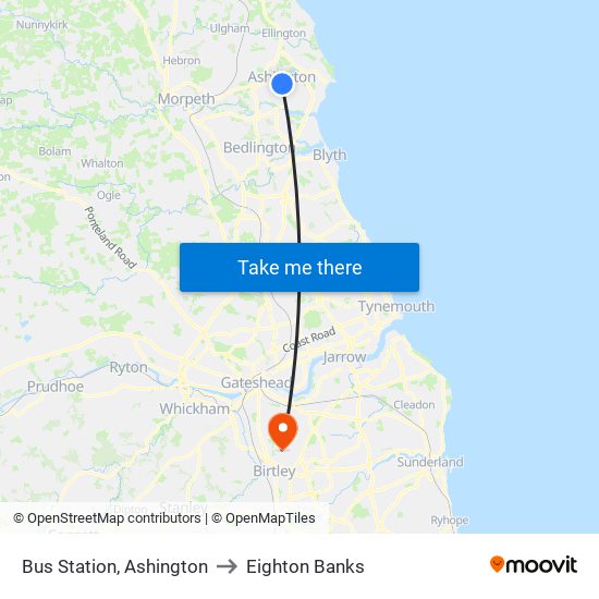 Bus Station, Ashington to Eighton Banks map
