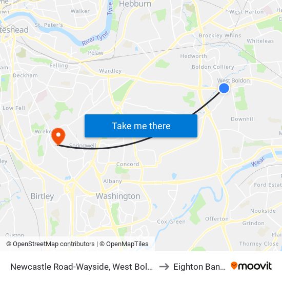 Newcastle Road-Wayside, West Boldon to Eighton Banks map