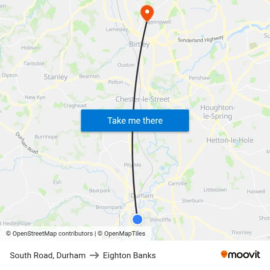 South Road, Durham to Eighton Banks map