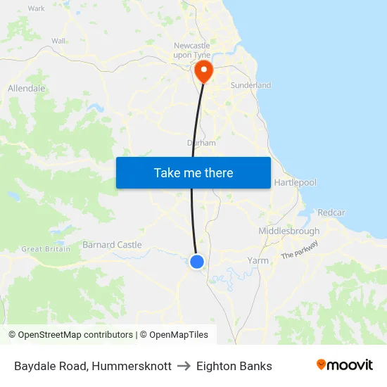 Baydale Road, Hummersknott to Eighton Banks map