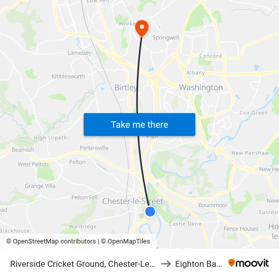 Riverside Cricket Ground, Chester-Le-Street to Eighton Banks map