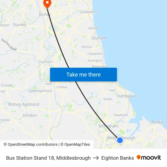 Bus Station Stand 18, Middlesbrough to Eighton Banks map