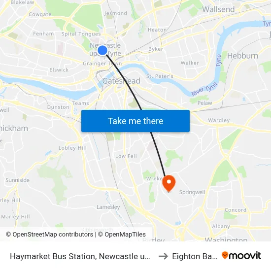 Haymarket Bus Station, Newcastle upon Tyne to Eighton Banks map