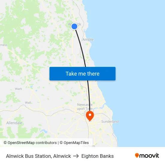 Alnwick Bus Station, Alnwick to Eighton Banks map