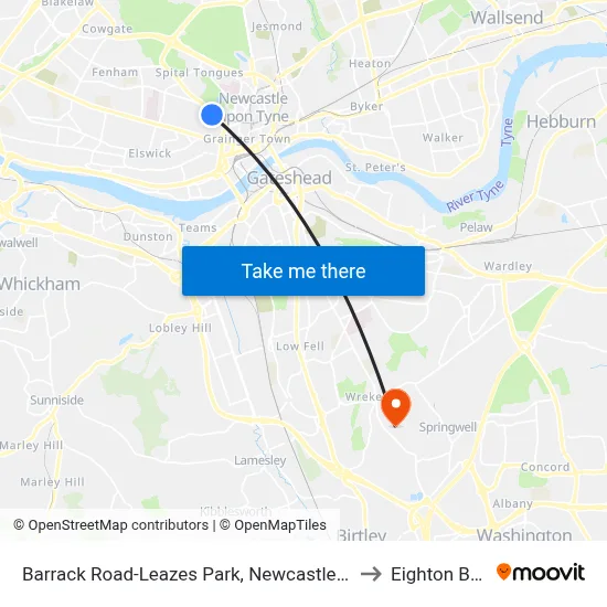 Barrack Road-Leazes Park, Newcastle upon Tyne to Eighton Banks map