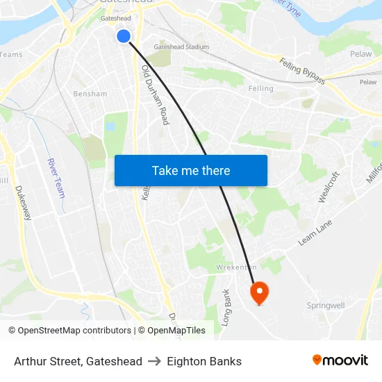 Arthur Street, Gateshead to Eighton Banks map