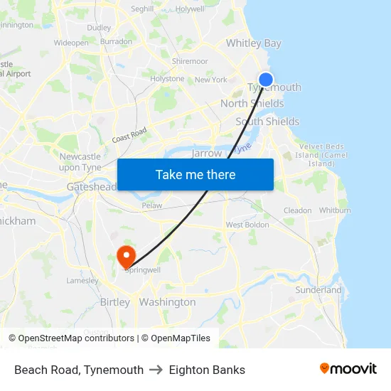 Beach Road, Tynemouth to Eighton Banks map