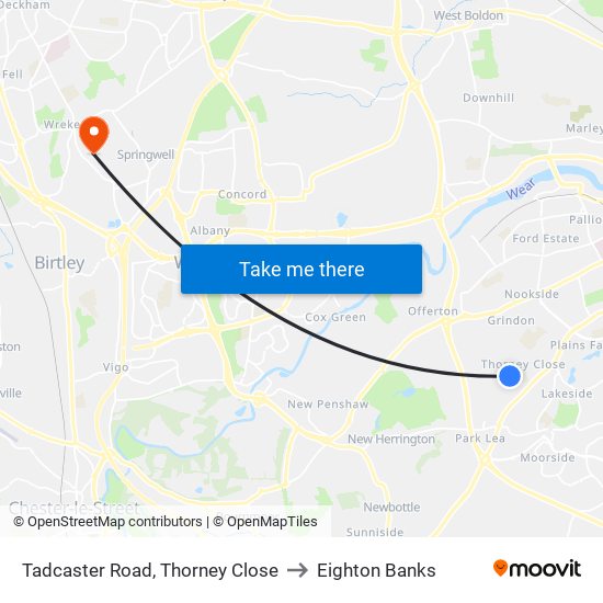 Tadcaster Road, Thorney Close to Eighton Banks map