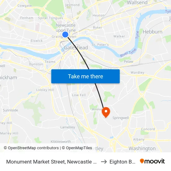 Monument Market Street, Newcastle upon Tyne to Eighton Banks map