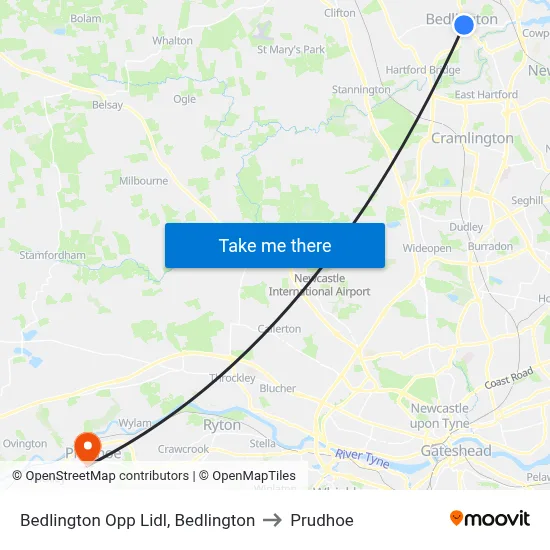 Bedlington Opp Lidl, Bedlington to Prudhoe map