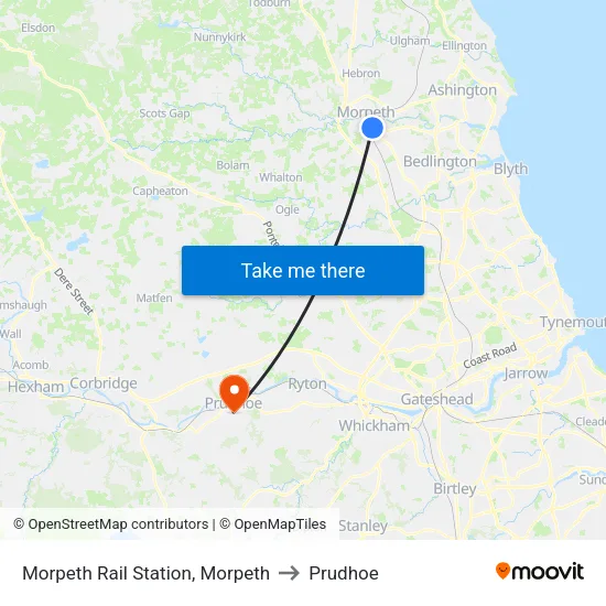 Morpeth Rail Station, Morpeth to Prudhoe map