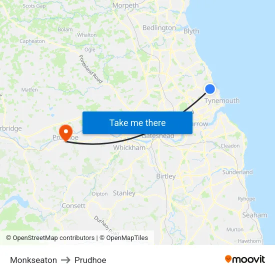 Monkseaton to Prudhoe map
