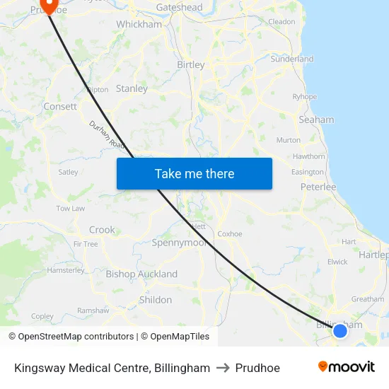 Kingsway Medical Centre, Billingham to Prudhoe map