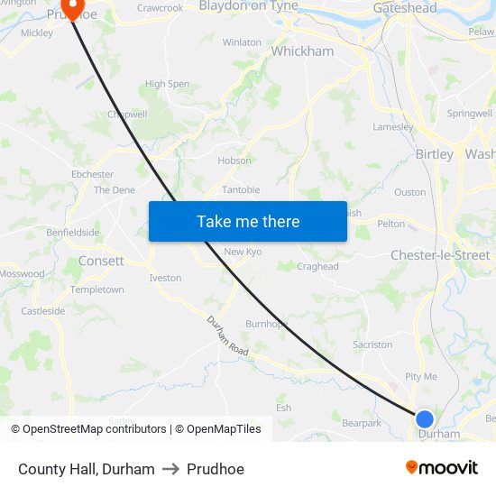 County Hall, Durham to Prudhoe map