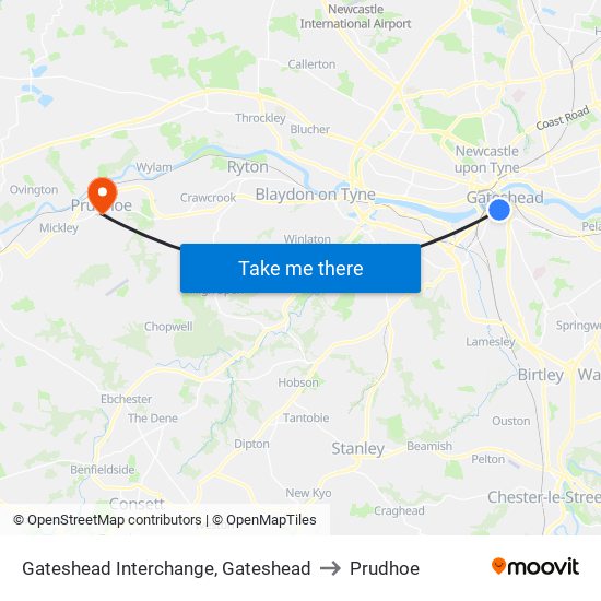 Gateshead Interchange, Gateshead to Prudhoe map