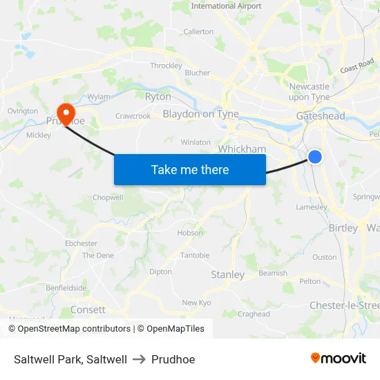 Saltwell Park, Saltwell to Prudhoe map