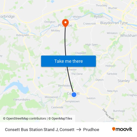 Consett Bus Station Stand J, Consett to Prudhoe map