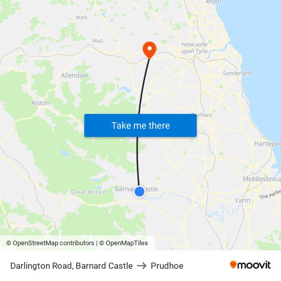 Darlington Road, Barnard Castle to Prudhoe map