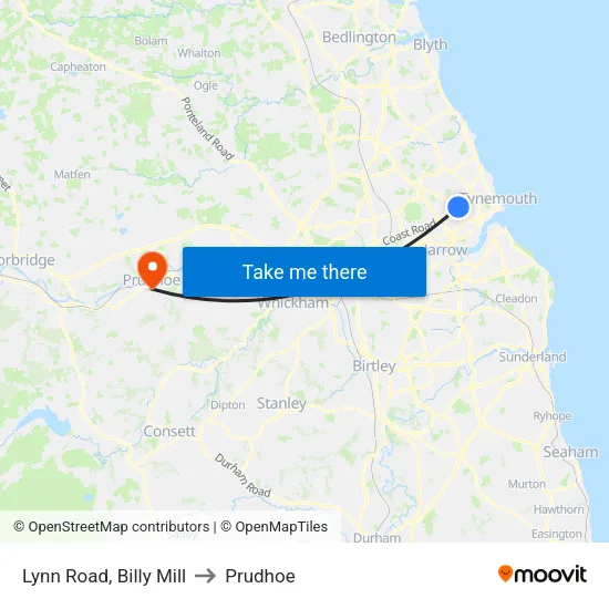 Lynn Road, Billy Mill to Prudhoe map