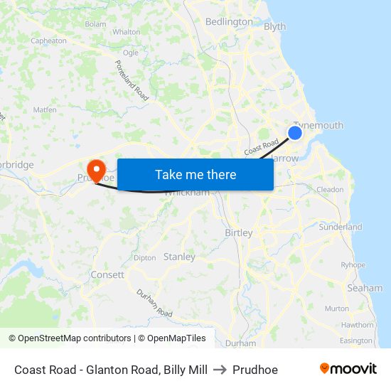 Coast Road - Glanton Road, Billy Mill to Prudhoe map