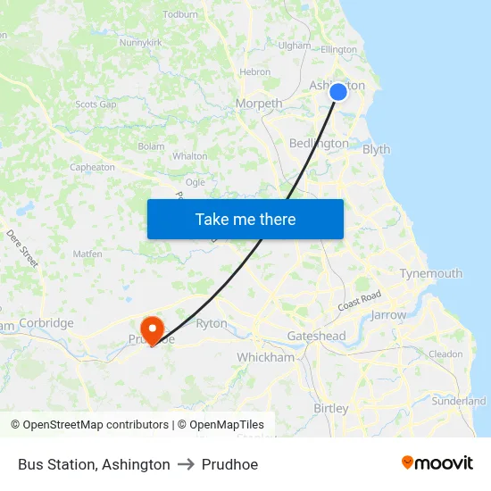 Bus Station, Ashington to Prudhoe map
