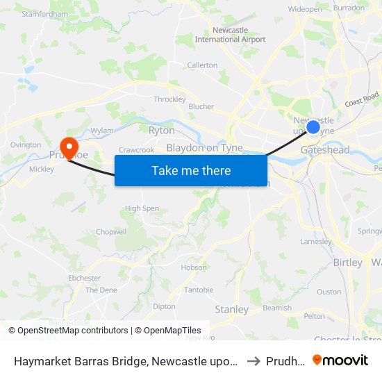 Haymarket Barras Bridge, Newcastle upon Tyne to Prudhoe map