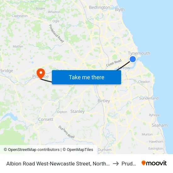 Albion Road West-Newcastle Street, North Shields to Prudhoe map