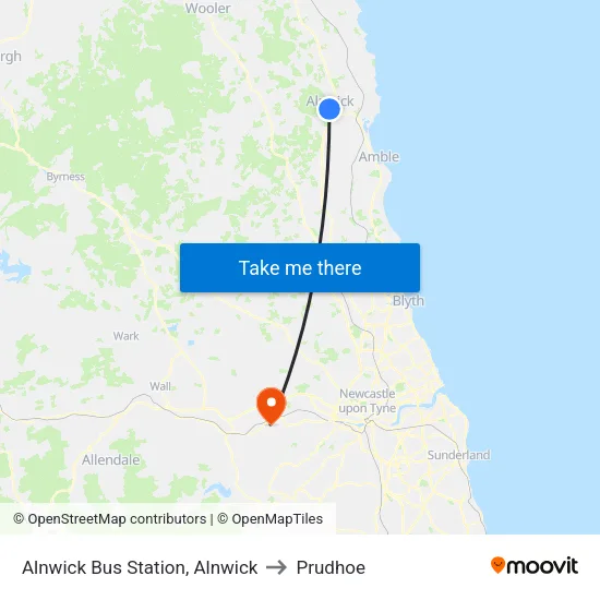 Alnwick Bus Station, Alnwick to Prudhoe map