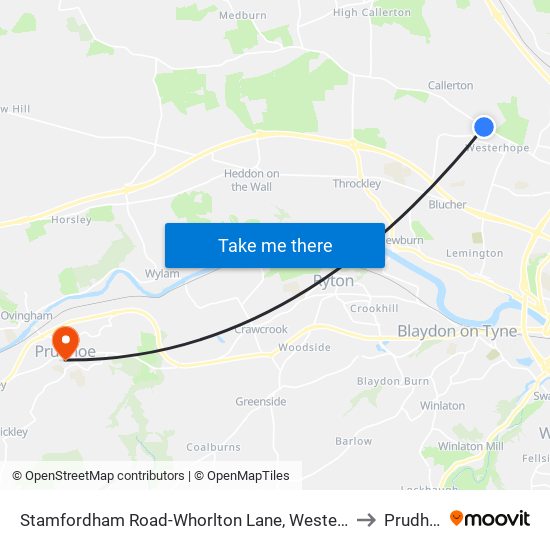 Stamfordham Road-Whorlton Lane, Westerhope to Prudhoe map