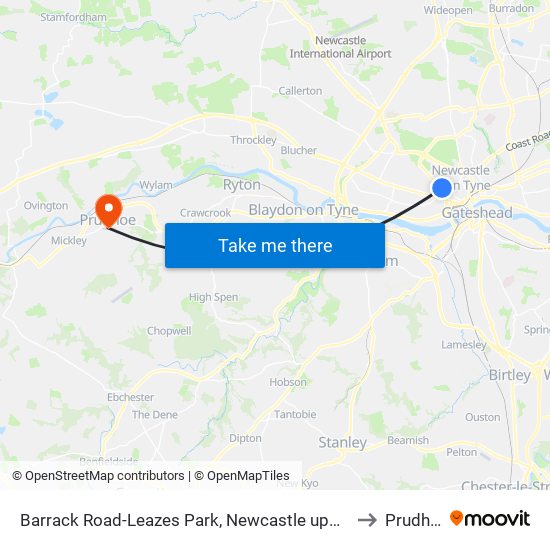 Barrack Road-Leazes Park, Newcastle upon Tyne to Prudhoe map