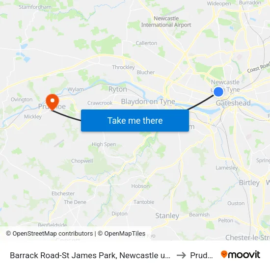 Barrack Road-St James Park, Newcastle upon Tyne to Prudhoe map