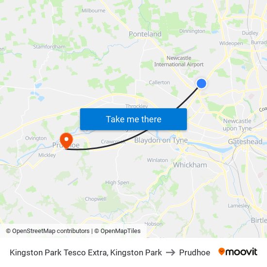 Kingston Park Tesco Extra, Kingston Park to Prudhoe map