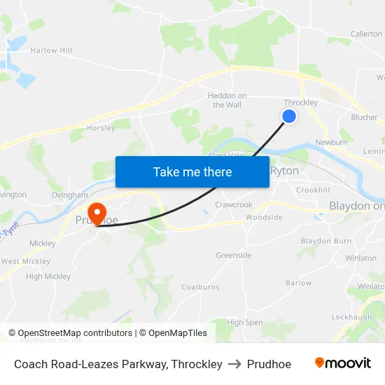 Coach Road-Leazes Parkway, Throckley to Prudhoe map