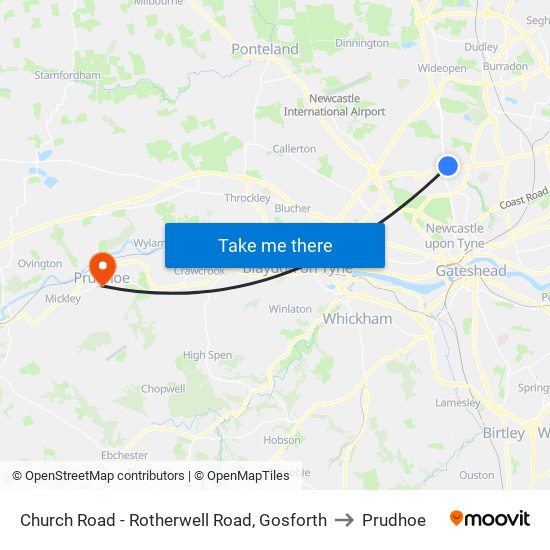 Church Road - Rotherwell Road, Gosforth to Prudhoe map