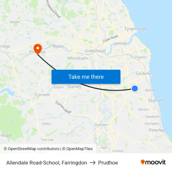 Allendale Road-School, Farringdon to Prudhoe map