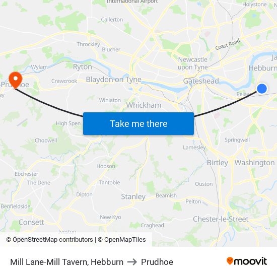 Mill Lane-Mill Tavern, Hebburn to Prudhoe map