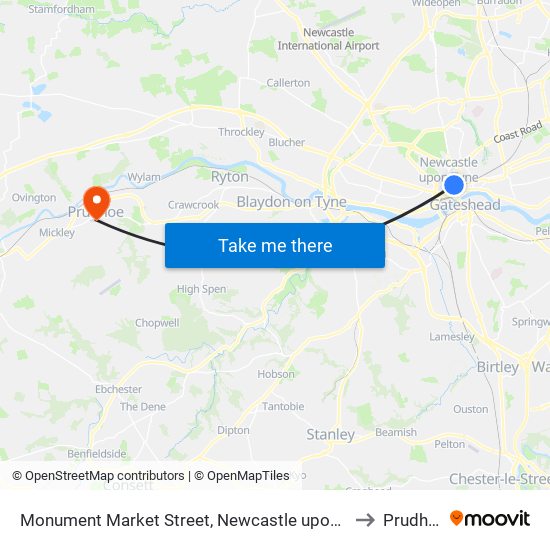 Monument Market Street, Newcastle upon Tyne to Prudhoe map