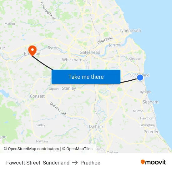 Fawcett Street, Sunderland to Prudhoe map