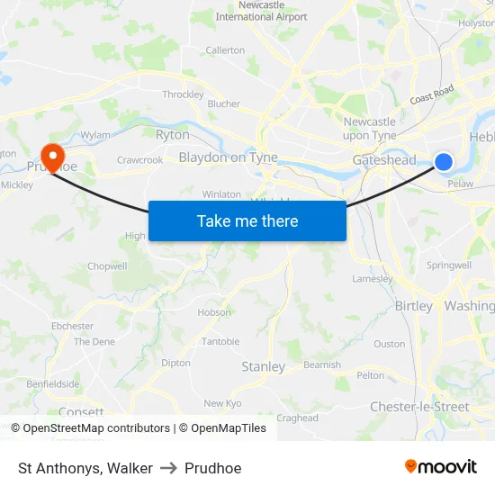 St Anthonys, Walker to Prudhoe map