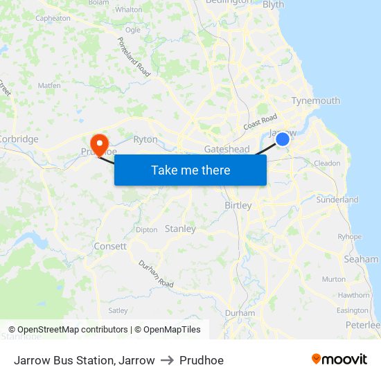 Jarrow Bus Station, Jarrow to Prudhoe map