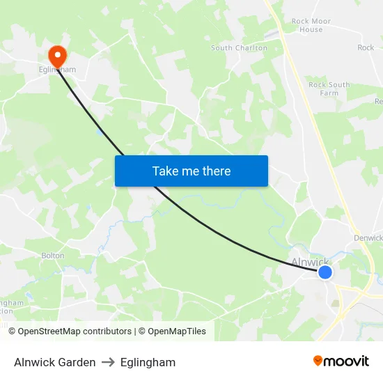 Alnwick Garden to Eglingham map