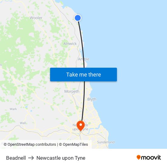Beadnell to Newcastle upon Tyne map