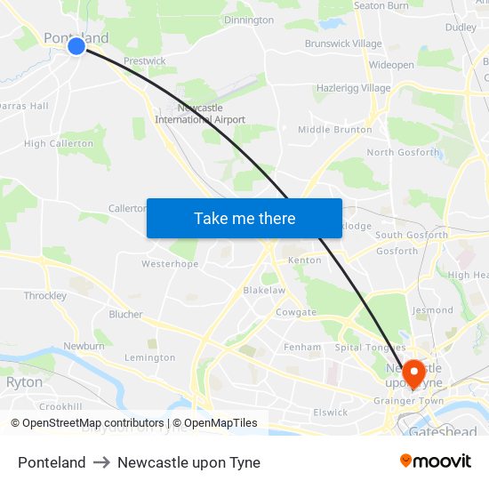 Ponteland to Newcastle upon Tyne map