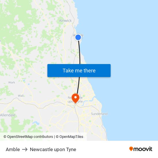 Amble to Newcastle upon Tyne map