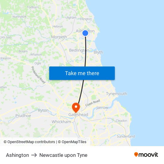 Ashington to Newcastle upon Tyne map