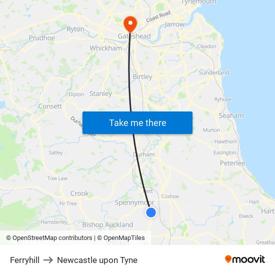 Ferryhill to Newcastle upon Tyne map