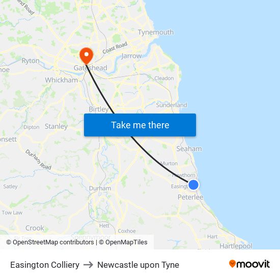 Easington Colliery to Newcastle upon Tyne map