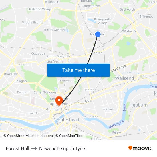 Forest Hall to Newcastle upon Tyne map