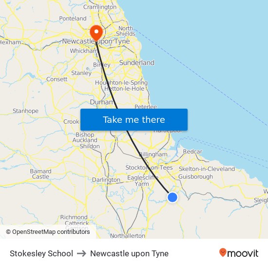 Stokesley School to Newcastle upon Tyne map